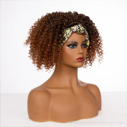 Wholesale price stort brown heat resistant fiber afro kinkly curly headband wig for black women